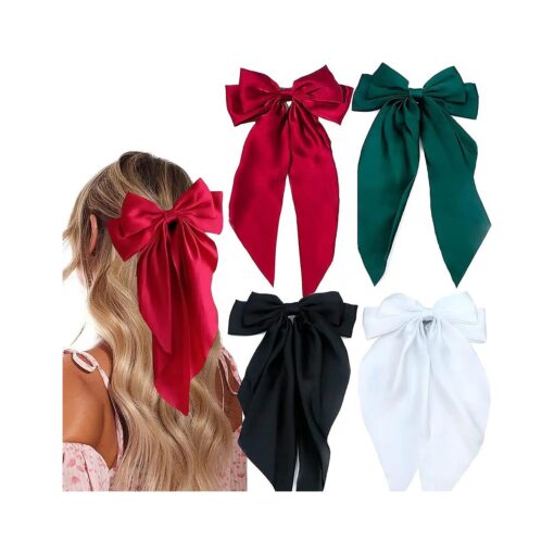 4 Pieces Silky Satin Hair Bows Ribbon Hair Barrettes Clip Large Bow Hair Slides Metal Clips French Barrette Long Tail Hair Accessories Hairpin for Women Girls ( Red, Black, Dark green, White )