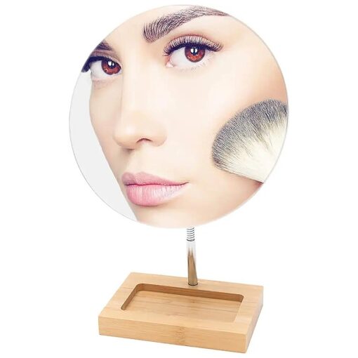 YEAKE Flexible Gooseneck Bamboo Vanity Makeup Mirror,360degRotation 8" Large Frameless Vanity Mirror Folding Portable Table Desk Mirror with Stand Bathroom Shaving Make Up Mirrors Round