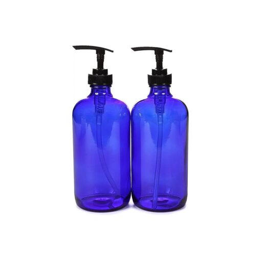 Vivaplex, 2, Large, 16 oz, Empty, Cobalt Blue Glass Bottles with Black Lotion Pumps