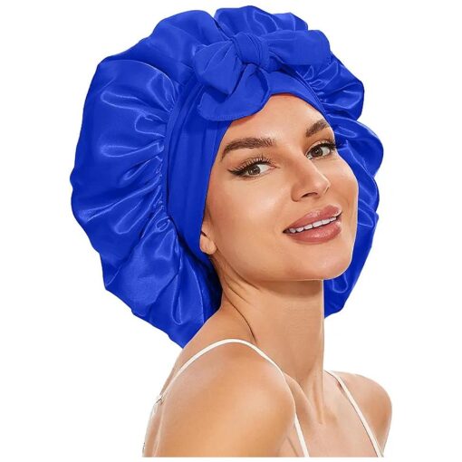 Large Silk Bonnet for Sleeping, Double Layer Satin Lined Hair Bonnets for Women Men with Tie Band Shower Cap