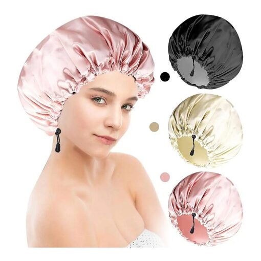 Shower Cap For Women Men 3PCS Shower Caps For Women Waterproof Extra Large Shower Cap Big Lined Rbersea Jumbo Reusable Shower Cap Long Hair Bonnet Set For Kids With Black Gold Pink Bath Cap Adjustable