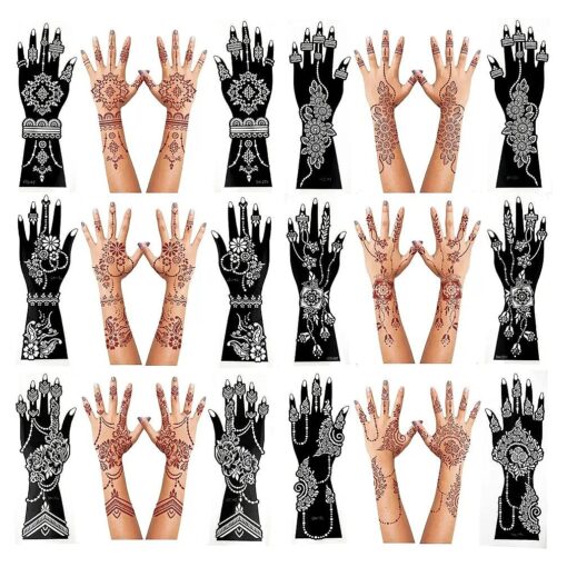 Large Henna Tattoo Stencil Kit,12 Sheets Henna Tattoo stickers for Hand Forearm Glitter Airbrush Diy Tattooing Template, Indian Temporary Tattoo Stickers for Women Girls