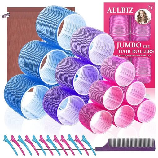 32 Pcs Jumbo Hair Rollers Sets, Large Self Grip Hair Curlers With Clips Includes 18 Pcs Heatless Velcro Rollers and 12 Pcs Hair Clips for Long Medium Short Hair ( Jumbo Size )