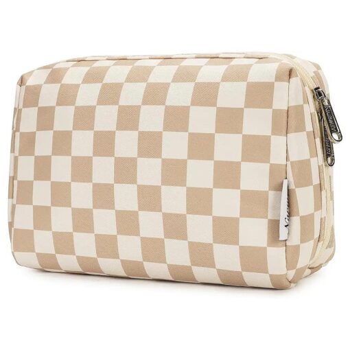 Large Makeup Bag Zipper Pouch Travel Cosmetic Organizer for Women ( Large, Light Checkerboard )