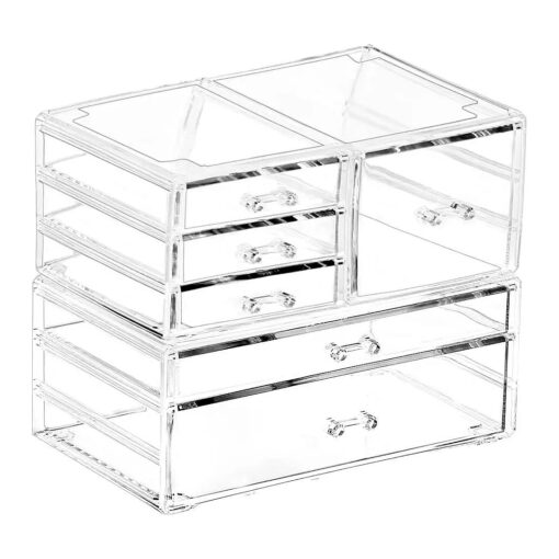 Stackable Makeup Organizer And Storage Set of 2 Under the Sink, Large Skin Care Cosmetic Display Case Make up Stands For Jewelry Beauty Skincare Product Organizing Clear 6 Drawers