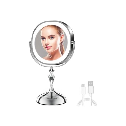 9" Large Lighted Makeup Mirror, 3000mAh Rechargeable Double Sided Vanity Mirror with 3 Color Lights, 1X/10X Magnifying Desk Mirror with 360deg Rotation & Touch Screen ( Chrome, Oval )