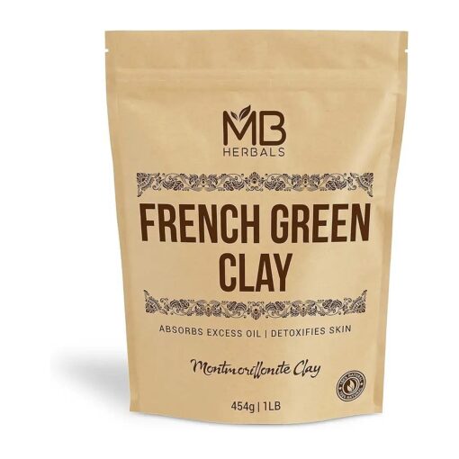 MB Herbals French Green Clay 1 lb | 16 oz One Pound Large Economy Pack | 100 % Pure Montmorillonite Clay | Absorbs Excess Oil | Detoxifies Skin | Highly Recommended For Oily Skin