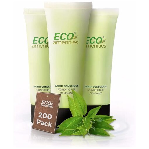 ECO AMENITIES Travel Size Conditioner - 200 PACK, 30mL, 1 oz Hotel Conditioner Bulk Supplies for Guests - Green Tea Scent Eco Conditioner, Mini Conditioner with Flip Cap, Clear Container