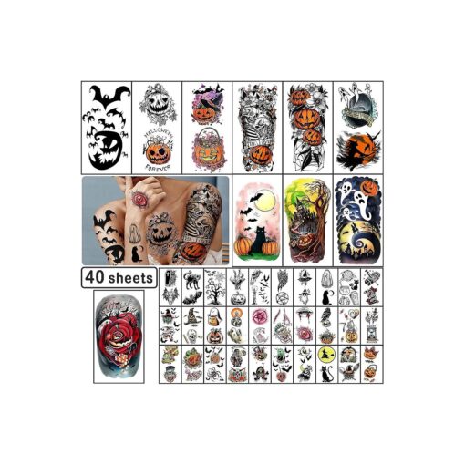 Yazhiji 40 Sheets Halloween Temporary Tattoos Pumpkin Witch Sugar Skull Tattoo Family Set Tats for Women Men Boys and Girls