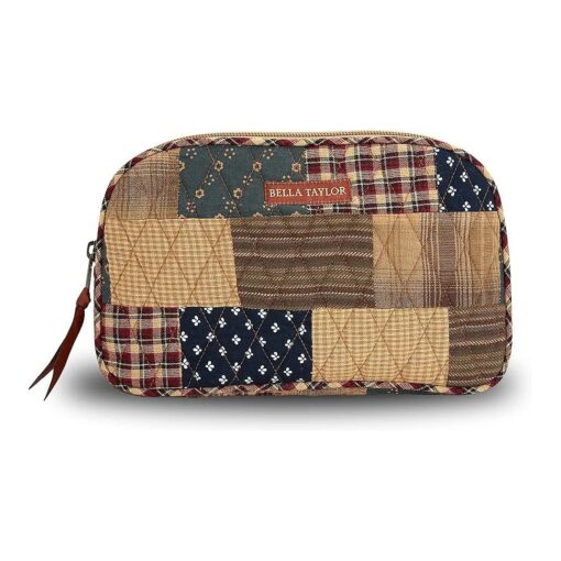 Bella Taylor Large Quilted Cotton Makeup Pouch for Women, Travel Cosmetic Bag, Quilted Cotton Primitive Patch Navy, Red and Tan Patchwork