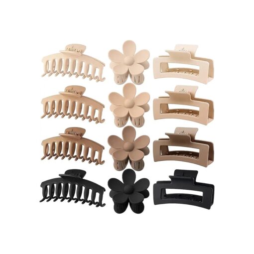 12 Pack Large Hair Claw Clips 4.3 Inch Rectangle Hair Claw Clips Flower Hair Clips for Women Thick Hair, Matte Hair Clip Banana Claws Clips Strong Hold jaw clips, 3 Styles Claw Clips Neutral Colors