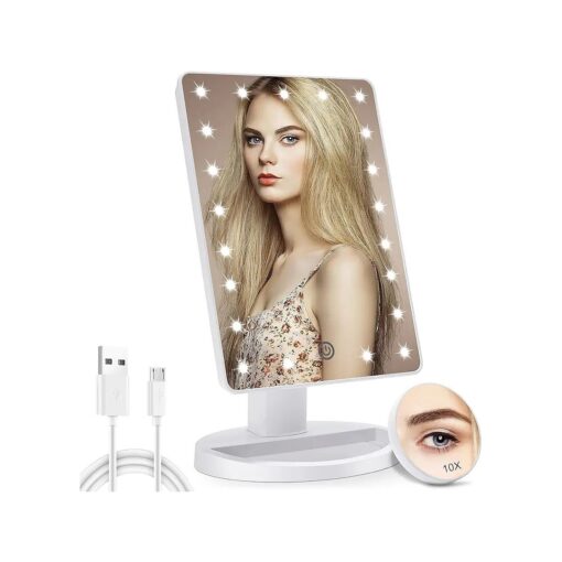 COSMIRROR Lighted Makeup Vanity Mirror with 10X Magnifying Mirror, 21 LED Lighted Mirror with Touch Sensor Dimming, 180degAdjustable Rotation, Dual Power Supply, Portable Cosmetic Mirror ( White ) ...