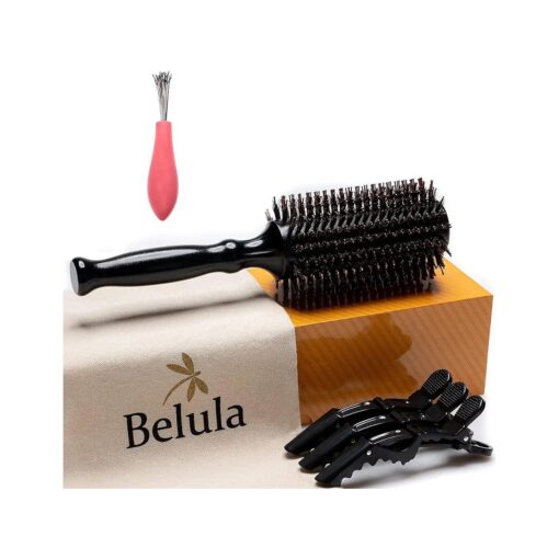 Belula Boar Bristle Round Brush for Blow Drying Set, Round Hair Brush With Large 2.7" Wooden Barrel, Hairbrush Ideal to Add Volume and Body, Free 3 x Hair Clips & Travel Bag .