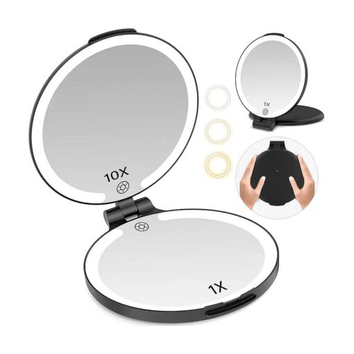 FUNTOUCH 7" Travel Makeup Mirror with Lights 10X Magnifying, Rechargeable Double Sided 3 Color Lighted Makeup Mirror for Travel Essential, Portable Light up Mirror with dimming, Gifts for Women, Black