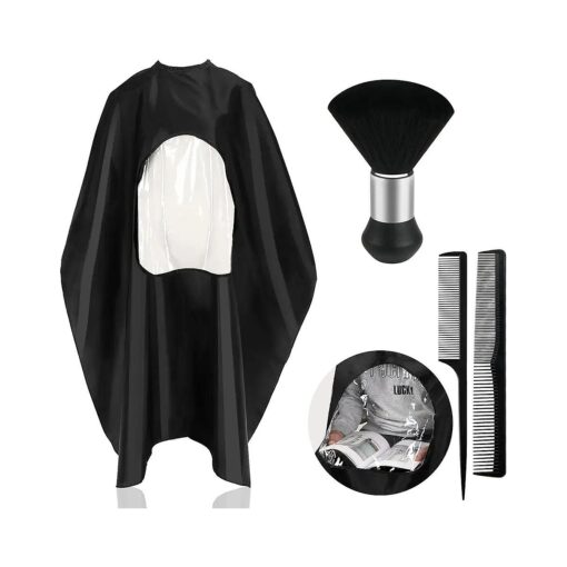 FEBSNOW Professional Black Barber Cape with Neck Duster Brush Large Hair Cutting Cape with See-Through Window Water-Repellent Salon Cape with Adjustable Elastic Neckline 55 Inch x 66 Inch