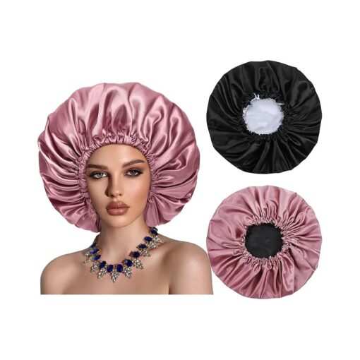 Satin Bonnet Silk Hair Cap : 2pcs Double Layer Reversible Extra Large Jumbo Adjustable Satin Lined Stainless Oversized Bonnets Sleep Night Cap No Slip-Off for Women Braids Sleeping ( Black+Rosegold )