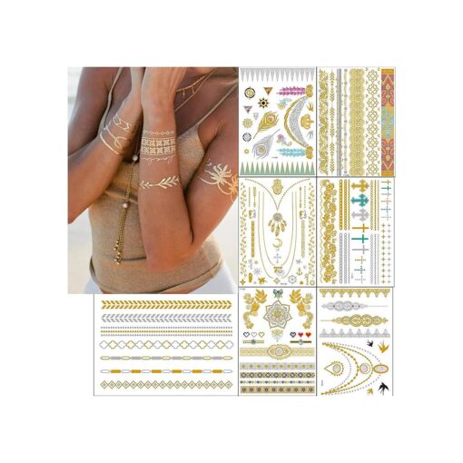 7 Large Sheets Temporary Tattoos Gold Silver Glitter Henna Metallic Tattoo Stickers for Women Girls Body Hands Shoulders Back Chest Legs Boho Gold Silver Removable Tattoos ( style 1 )