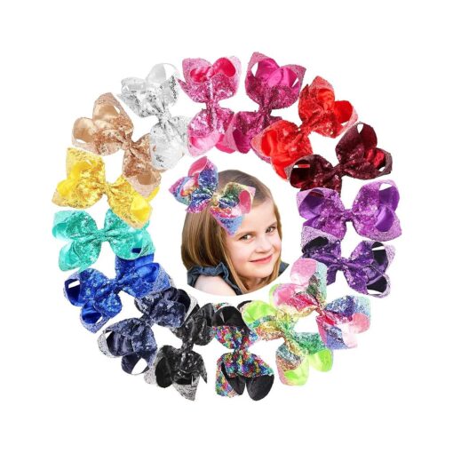 16Pack Sequin Hair Bows Clips 8Inch Large Big Sparkly Glitter Sequin Rainbow Bows Alligator Hair Clips Rainbow Hair Bows for Girls Toddlers Kids Children Teens