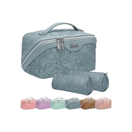 Travel Makeup Bags Cosmetic Organizer Bag : 3-Set Large Capacity Make up Bag - PU Leather Toiletry Bag for Women - Wide Open Portable Pouch with Divider & Handle