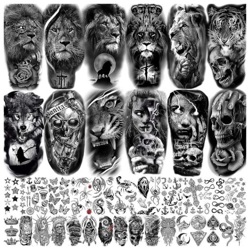 JOEHAPY 39 Sheets 3D Forarm Black Realistic Wolf Tiger Lion Temporary Tattoos For Men Women Thigh Arm, Scary Skull Gothic Gangster Fake Tattoo Sticker Adults, Large Tribal Half Sleeve Tatoos Halloween