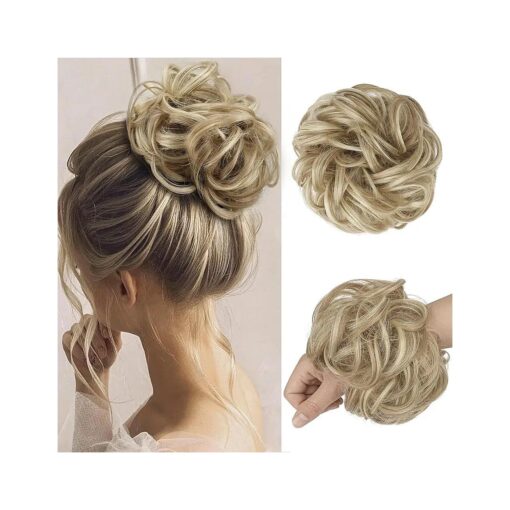 FESHFEN Messy Bun Hair Piece Curly Wavy Large Hair Bun Scrunchies Extensions Light Ash Brown & Bleach Blonde Synthetic Tousled Updo Hairpieces for Women Girls