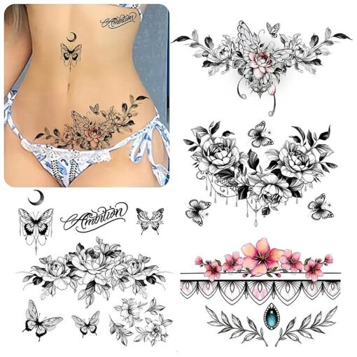 ROARHOWL sexy temporary tattoos for women, sexy tattoo kit, beautiful and exquisite,3D realistic flowers, butterflies, abdomen, chest, waist and back apply false tattoos for girl ( Design 3 )