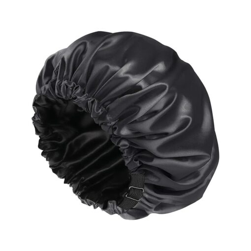 Shower Caps, Silk Lined Shower Cap for Women, Reusable, Adjustable Size, Washable & Waterproof, Large Satin Shower Cap-Black