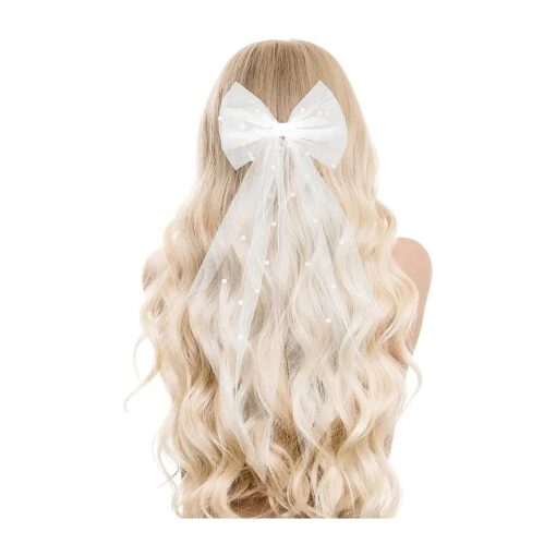 Bridal Pearl Hair Bow Veil Bridesmaid Large Hair Bow Wedding Veil with Barrette Bachelorette Party Decorations Bridal Bridesmaid Gift ( White )