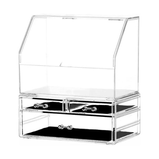 Cq acrylic Cosmetic Display Cases With LId Dust Water Proof for Bathroom Countertop Stackable Large Clear Makeup Organizer and Storage With 3 Drawers, Set of 2