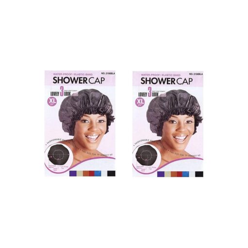 X-Large BLACK 21" Extra Large Water-Proof SHOWER CAP with Comfortable Elastic Band Black - 2 pieces