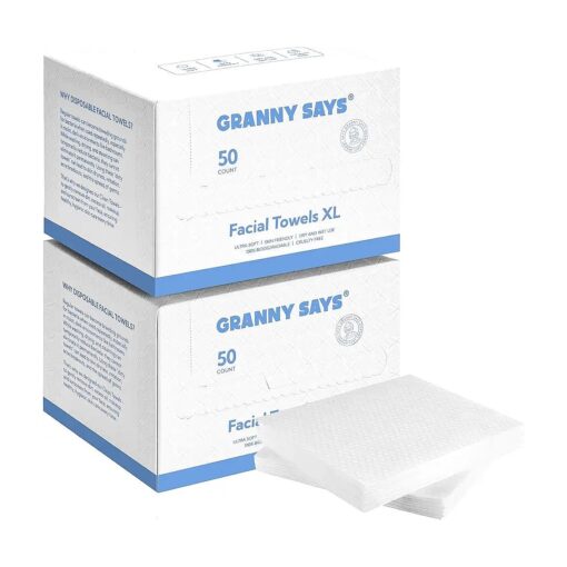 GRANNY SAYS Disposable Face Towel, 100 Counts/2 Boxes, Biodegradable Face Towelettes Disposable, Extra Thick Soft Face Towels, Clean Skin Towels for Remove Makeup, Facial Cleansing, 10" x12"