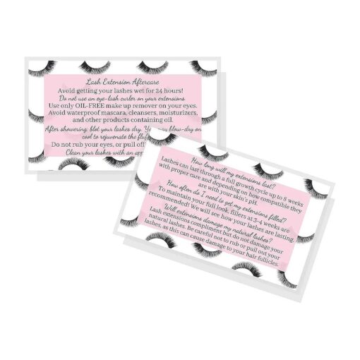 Lash Extension Aftercare Instructions Cards | Package of 50 | Eye Lashes with Pink Inlay Design Double Sided Size 3.5 x 2" inches After Care ( 3-4 Week Fillers )