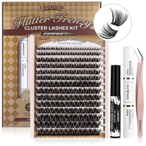 LASHVIEW Diy Lash Extension Kit, DIY Cluster Lashes Kit, 10-16mm Multilayered Cluster Eyelash Extensions, Reusable Fluffy Individual Lashes Cluster ( CW43-KTIT )