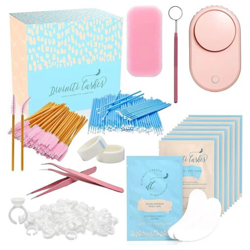 Lash Extension Supplies - Lash Supplies for Eyelash Extension Supplies - Under Eye Pads for Lash Extensions, Tweezers, Mascara Wands, Cotton Swabs, Glue Rings, Tape, Eyelash Pad, USB Lash Fan DiviniTi