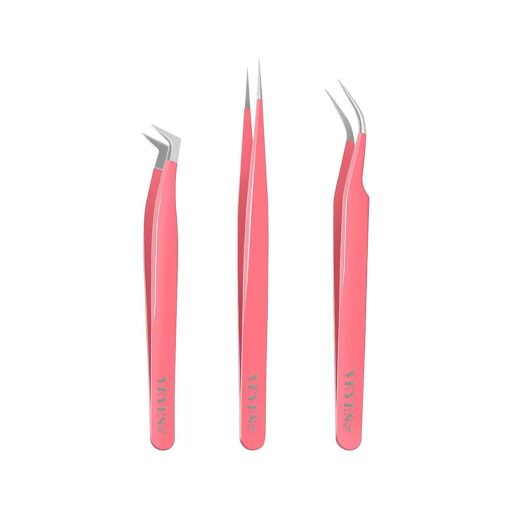 VEYES INC Lash Tweezers for Eyelash Extensions, Fiber Tip Tweezers Kit Contains Isolation, Curved and Volume Lash Tweezers ( 3pcs ) Pink