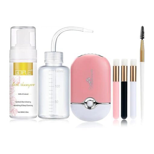 3.38OZ Eyelash Extension Cleanser Lash Mousse Lash Shampoo for Extensions, USB Mini Portable Fan Rechargeable Electric Handheld Air Conditioning Lash Shampoo Brush Plastic Wash Bottle ( lash fan-pink )