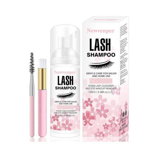 Lash Shampoo for Eyelash 100ML + Brush & Mascara Wand Eyelid Foaming Cleansing, Eyelash Extension Cleanser Remover, Makeup Remover, Salon and Home Use