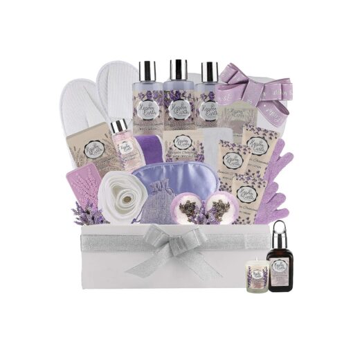 Mothers Day Spa Gift Baskets for Mom ! Natural Lavender Chamomile Spa Bath Sets for Women Gift Infused with Essential Oils, Sulfate Free Lavender Bath Set to Soothe & Moisturize Skin-Lavender Chamomile