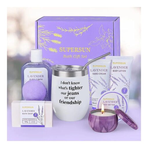 Bath Spa Basket Women Best Friend, Lavender Birthday Gifts Lotion Care Set, Funny Christmas Wine Gifts Ideas for Woman Sisters Girlfriend BFF, Purple