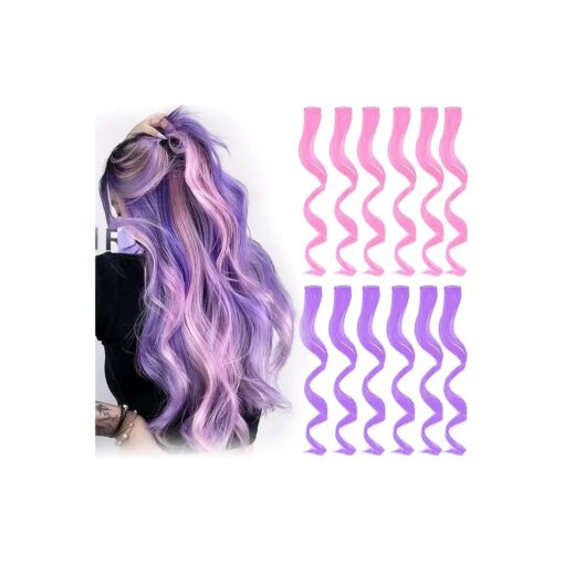 Colored Clip in Hair Extensions 12 Pieces Streak for Women Kids Girls, 16 Inch Wavy Curly, Party Highlights ( 6 Lavender purple+6 Light Pink Colorful )