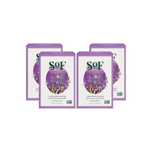 Lavender Fields Clean Bar Soap by South of France Clean Body Care | Triple-Milled French Soap with Organic Shea Butter + Essential Oils | Vegan, Non-GMO Body Soap | 6 oz Bar - 4 Pack