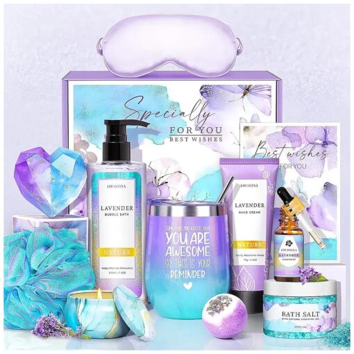 Gifts Baskets for Women, Relaxing Spa Gift Basket Set, Christmas Gifts for Women, Gifts Idea for Mom, Girlfriend, Sister, Wife, Teacher,12pcs Lavender Care Package Gift Set, Birthday Gifts Basket for Women