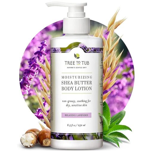 Tree to Tub Lavender Shea Butter Body Lotion for Dry Skin - Moisturizing Sensitive Skin Lotion for Women & Men, Vegan Body Moisturizer w/Organic Aloe Vera, Cocoa Butter, All Natural Colloidal Oatmeal