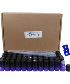 Wresty 60 Pcs Roll on Glass Bottle 1ml Mini Purple Glass Roller Ball Bottles Refillable Empty Sample Vials Essential Oil Perfumes Aromatherapy Roller Bottles, with Opener and Droppers