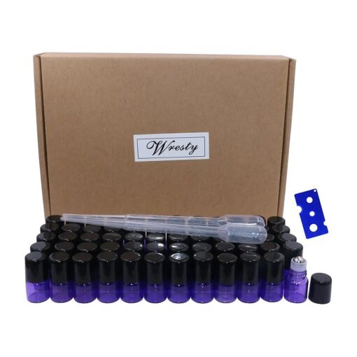 Wresty 60 Pcs Roll on Glass Bottle 1ml Mini Purple Glass Roller Ball Bottles Refillable Empty Sample Vials Essential Oil Perfumes Aromatherapy Roller Bottles, with Opener and Droppers