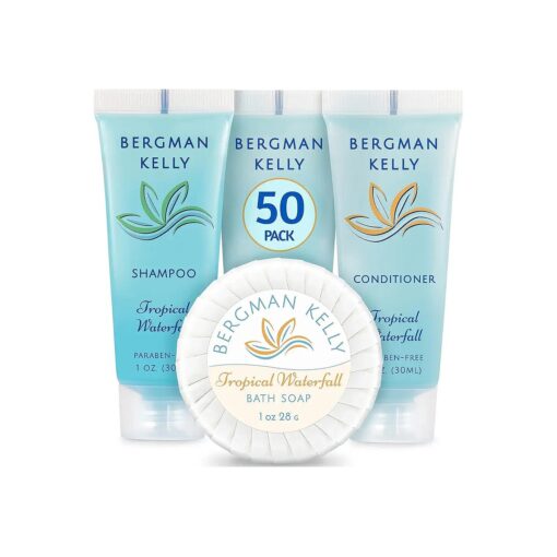 BERGMAN KELLY Round Hotel Soap Bars, Shampoo & Conditioner 3-Piece Set ( 1 oz each, 150 pc total, Tropical Waterfall ), Delight Your Guests with Refreshing Bulk Travel Size Hotel