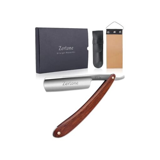 Zertone Straight Razors for Men Kit with Strop - Straight Edge Razor Natural Wood Scale - Sharp, High Hardness Carbon Steel Cutthroat Straight Razor Shaving Kit, Vintage Wood Handle, Barber Razor