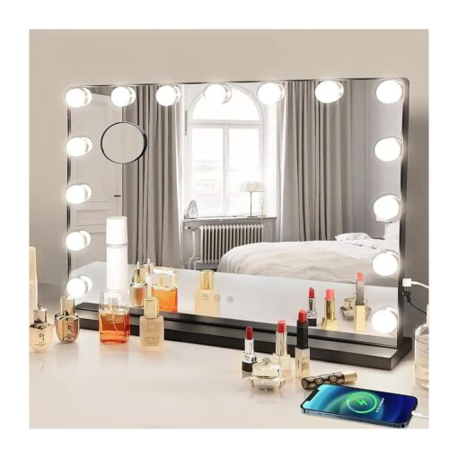 Depuley Vanity Mirror with Lights, 23In Hollywood Lighted Makeup Mirror with Smart Touch Switch, Large Vanity Makeup Mirror with 15 Dimmable LED Bulbs for Dressing Room, Bedroom, Tabletop, Black