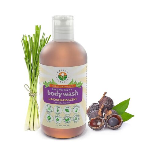 Lemongrass Organic Body Wash - All Natural Probiotic Soothing Skin Care Body Soap & Face Wash - Raw Wildcrafted Hydrating Sulfate Free Mild Bodywash for Sensitive & Dry Skin - 9 Oz