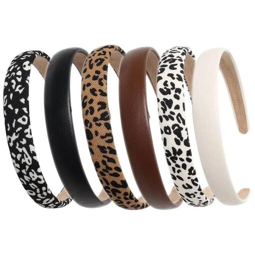 Leopard Print Headbands for Women Girls 2cm Wide Headband PU Solid Hairband Hair Hoops Hair Accessories 6 pack ( Leopard )